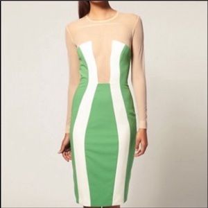 AQAQ Green & White Long Sleeve Midi Bodycon Dress